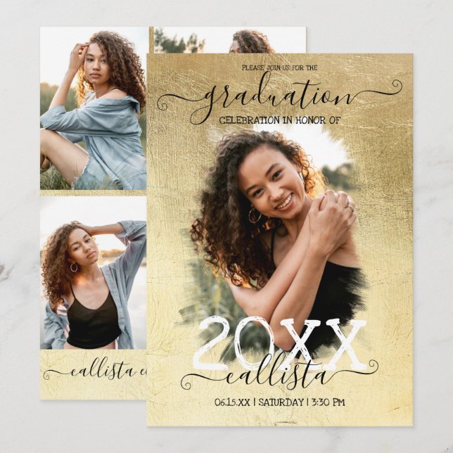 Gold Foil Halo Photo Collage Graduation Invitation (Front/Back)