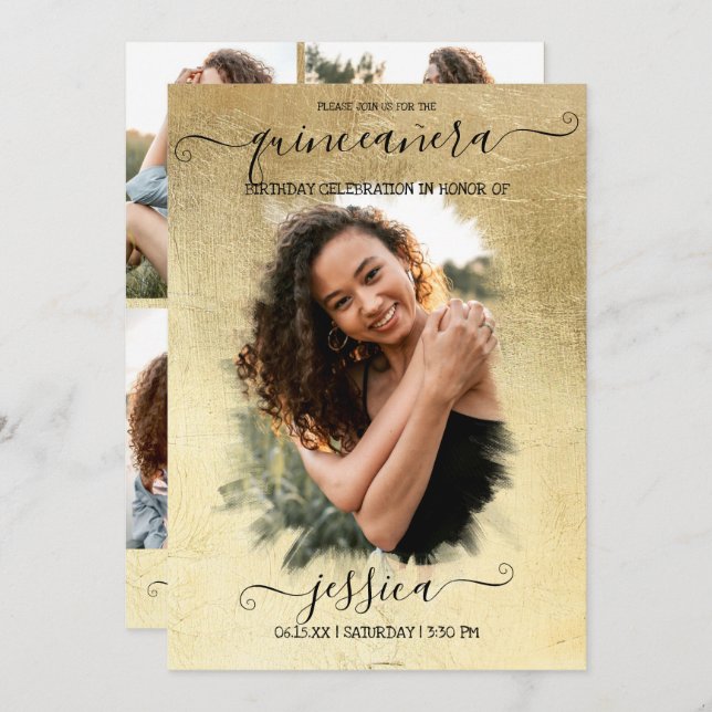 Gold Foil Halo Photo Collage Quinceañera Invitation (Front/Back)
