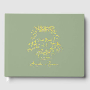 Gold Foil Hand drawn Crest Sage Green Wedding Guest Book
