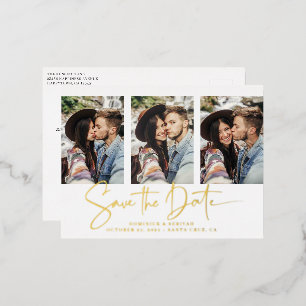Gold Foil Handwritten Save the Date Multiple Photo Foil Invitation Postcard