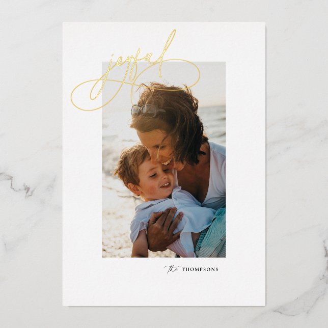 Gold Foil Handwritting Joyful Holiday Photo Card (Front)