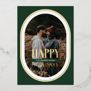 Gold Foil Happy Holidays Green Oval Frame Photo Foil Holiday Card