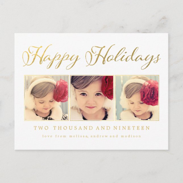 Gold Foil Happy Holidays Xmas Photo Frame Postcard (Front)