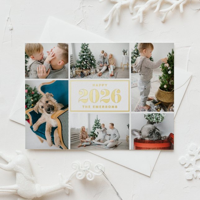 Gold Foil Happy New Year 2025 Photo Collage Foil Holiday Card (Send 2026 new year cheer with this customizable gold foil photo collage Happy New Year Card. )
