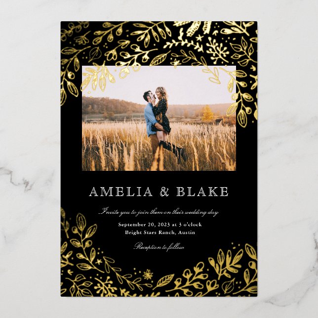 Gold Foil Harvest Flowers Photo Wedding Invitation (Front)