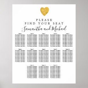 Gold Foil Heart 13-Table Wedding Seating Chart