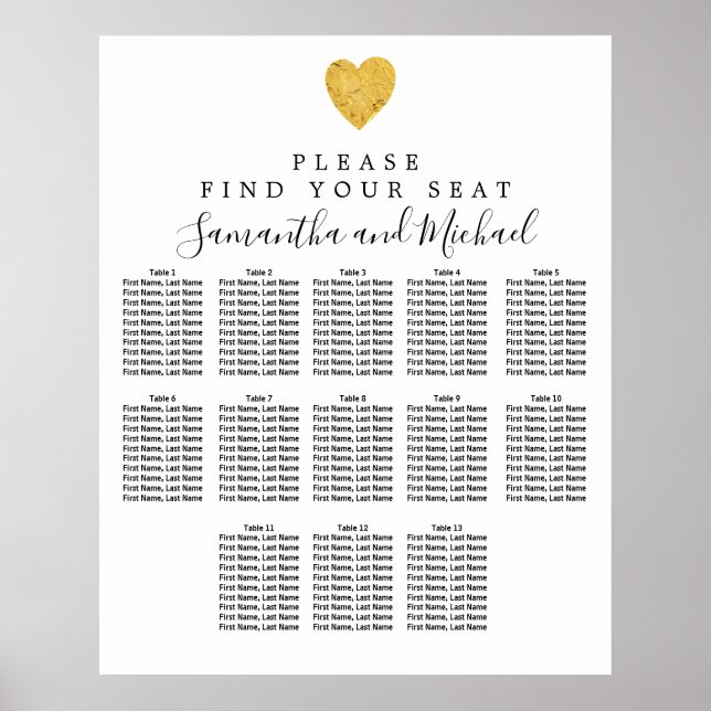 Gold Foil Heart 13-Table Wedding Seating Chart (Front)