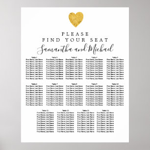 Gold Foil Heart 14-Table Wedding Seating Chart