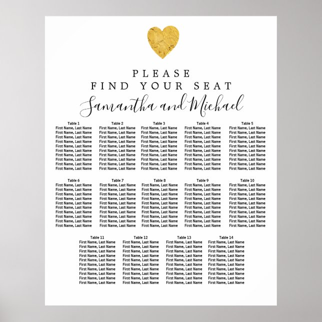 Gold Foil Heart 14-Table Wedding Seating Chart (Front)