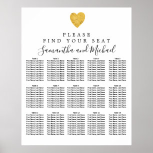 Gold Foil Heart 15-Table Wedding Seating Chart