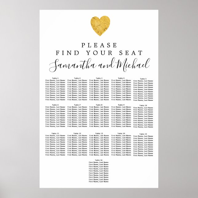 Gold foil Heart 16-Table Wedding Seating Chart (Front)