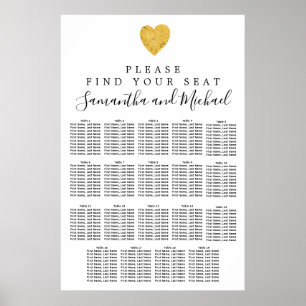 Gold foil Heart 19-Table Wedding Seating Chart