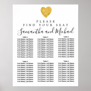 Gold foil Heart 6-Table Wedding Seating Chart
