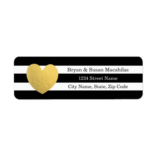 Gold Foil Heart Black Stripe Wedding Address Label (Front)