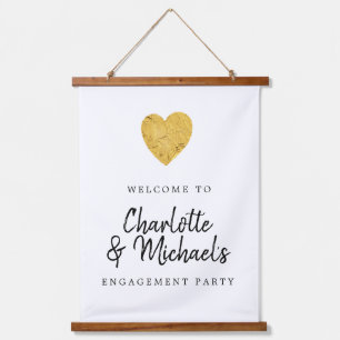 Gold Foil Heart Engagement Party Welcome Banner Hanging Tapestry