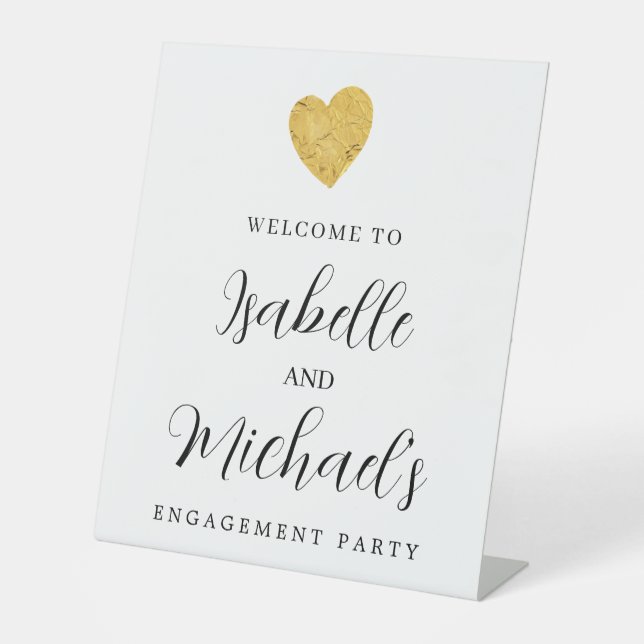 Gold Foil Heart Engagement Party Welcome  Pedestal Sign (Front)