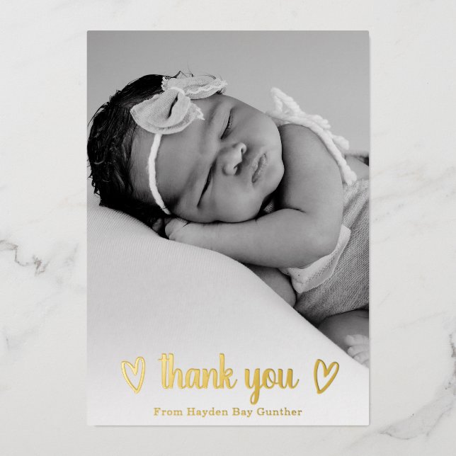 Gold Foil Heart Thank You Photo Birth Announcement (Front)