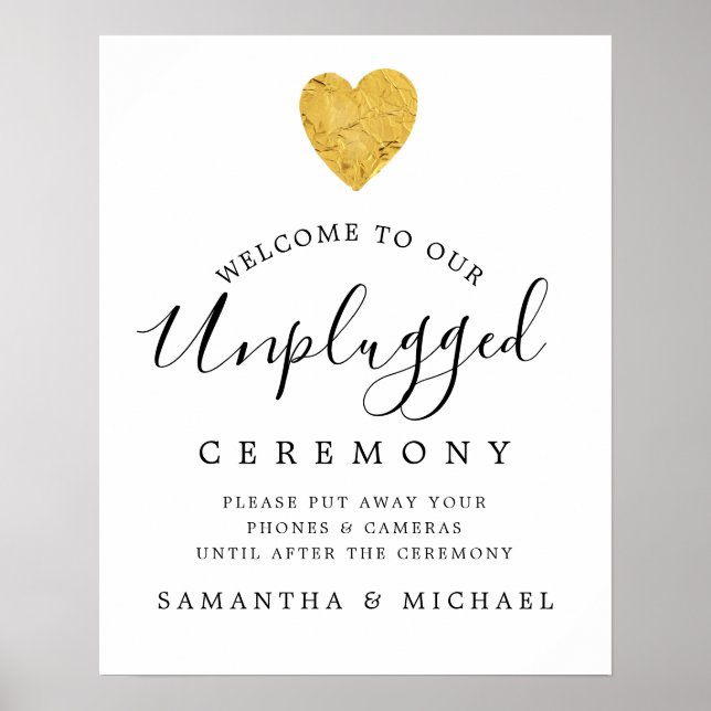 Gold Foil Heart Unplugged Wedding Ceremony Sign (Front)