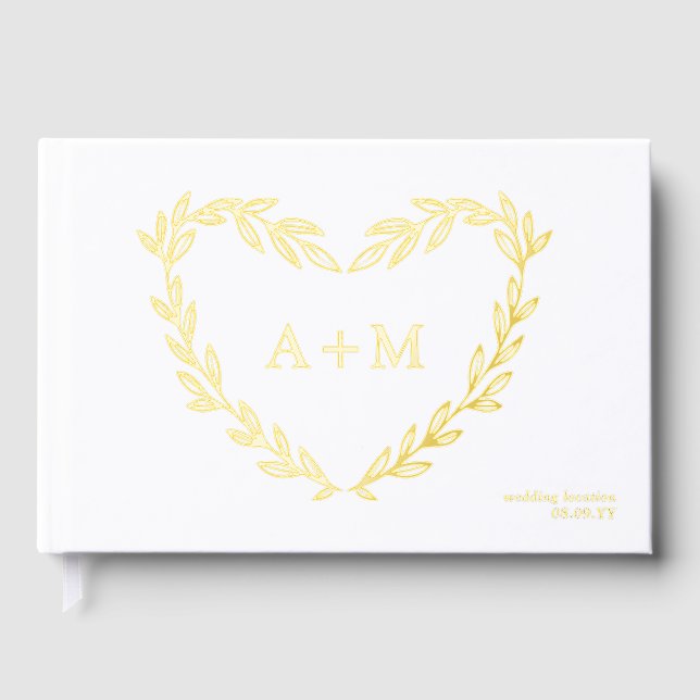 Gold Foil Heart Wreath 2 Initial Monogram Wedding Guest Book (Front)