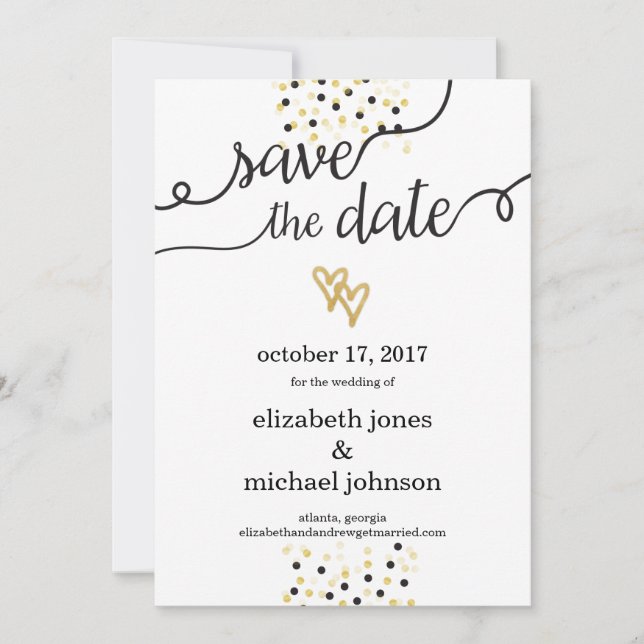 Gold Foil Hearts and Confetti Save the Date (Front)
