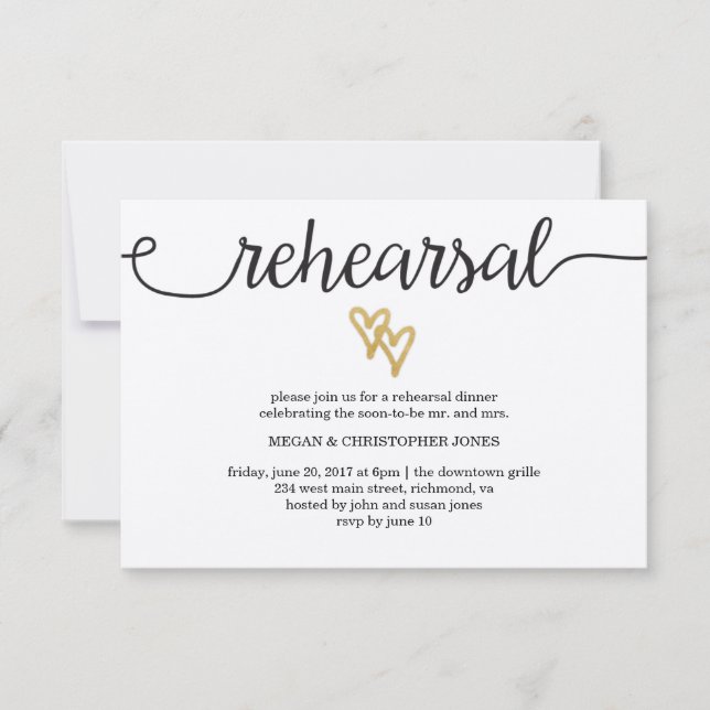 Gold Foil Hearts Kraft Paper Rehearsal Card (Front)