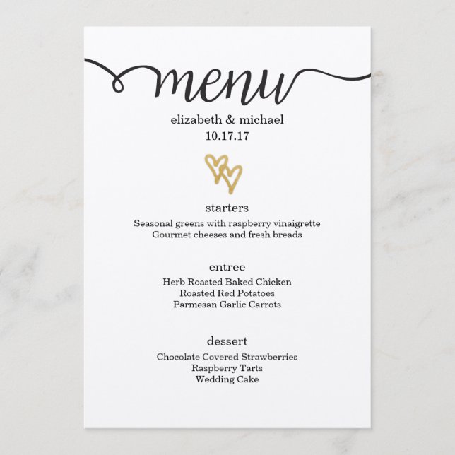 Gold Foil Hearts Kraft Paper Wedding Menu (Front)