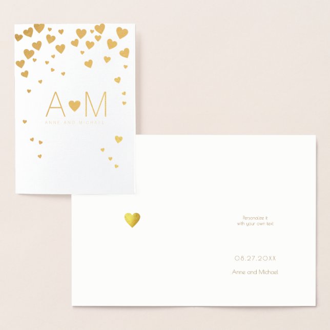 Gold foil Hearts monogrammed love wedding Card (Display)