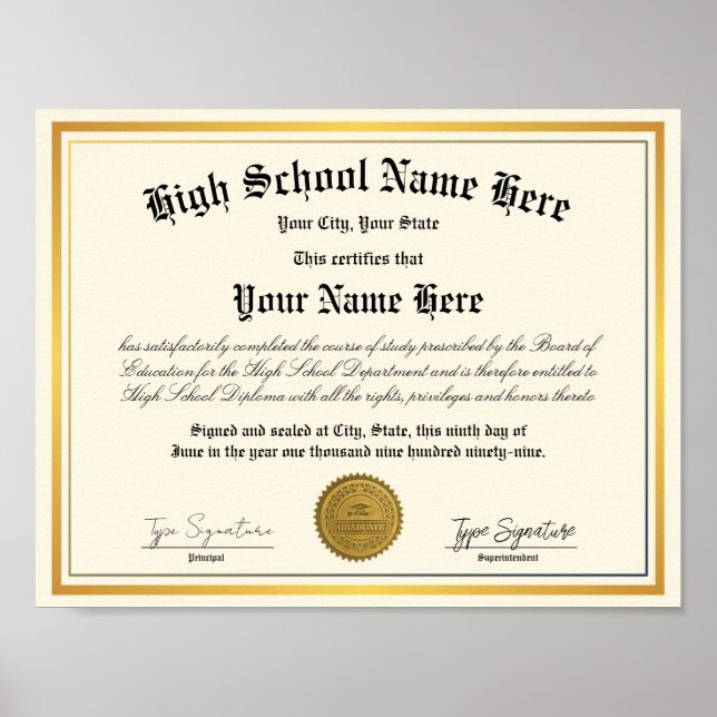 Gold foil High School Diploma, homeschool Poster (Front)