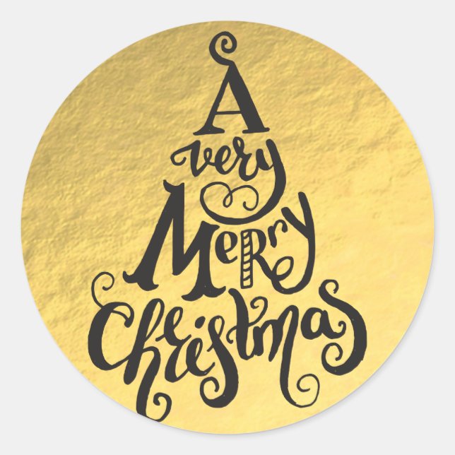 Gold Foil Holiday Christmas Tree MERRY CHRISTMAS Classic Round Sticker (Front)