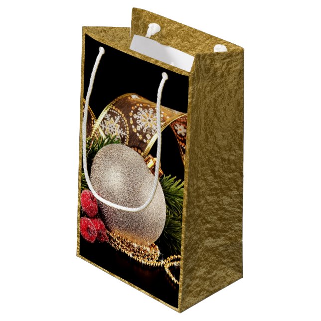 Gold Foil Holiday Gold Ribbon Silver Ball Gift Bag (Back Angled)