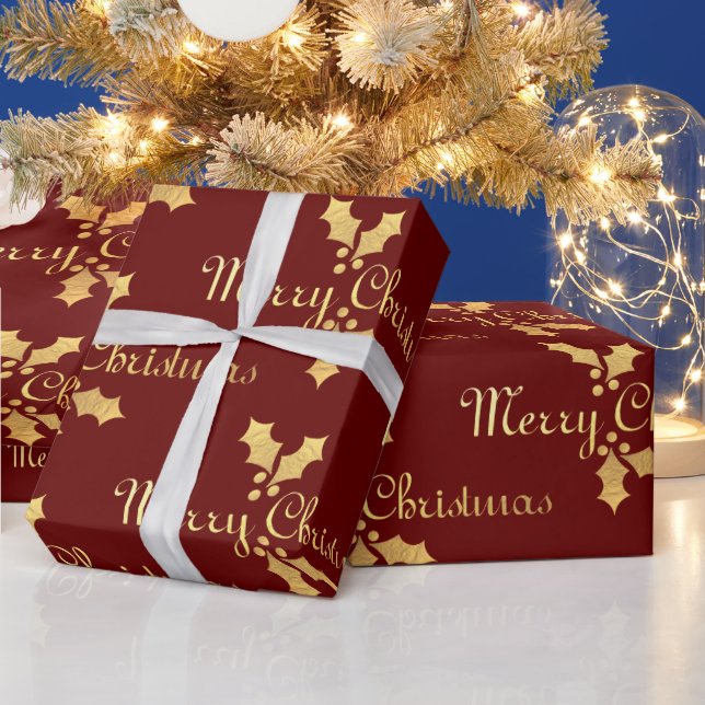 Gold Foil Holly Merry Christmas Wrapping Paper (Holidays)