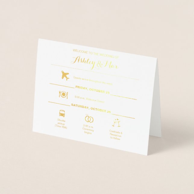 Gold Foil Icons Wedding Weekend Itinerary Card (Front)