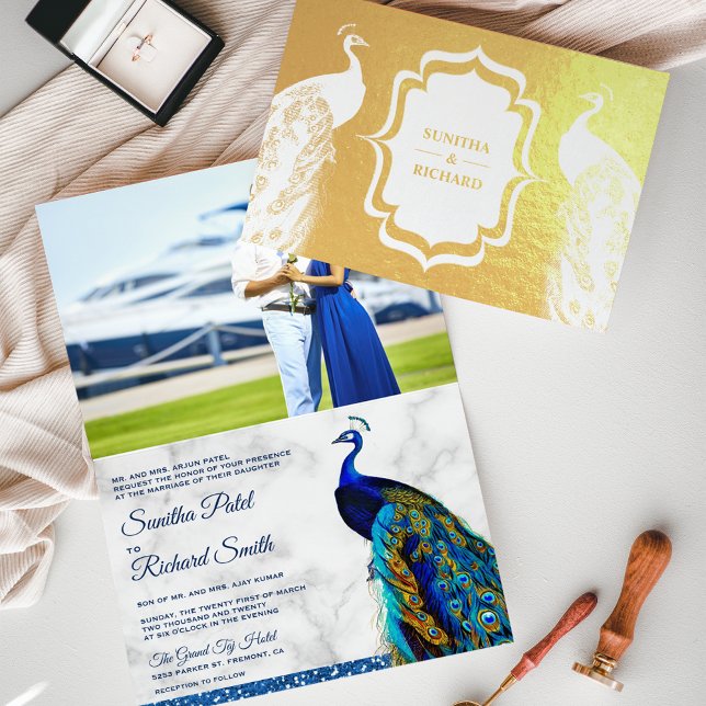 Gold Foil Indian Peacock Photo Wedding Invitation (Creator Uploaded)