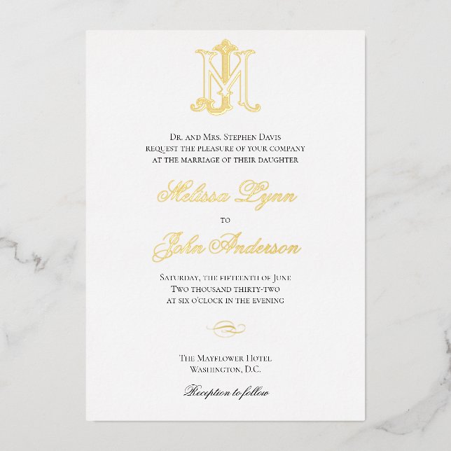 Gold Foil Invitation JM Monogram or MJ Monogram (Front)