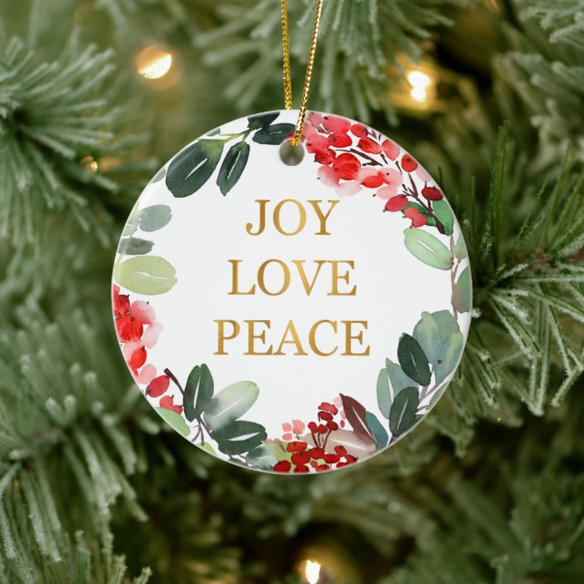 Gold Foil Joy Love Peace Holiday Ceramic Ornament (Tree)