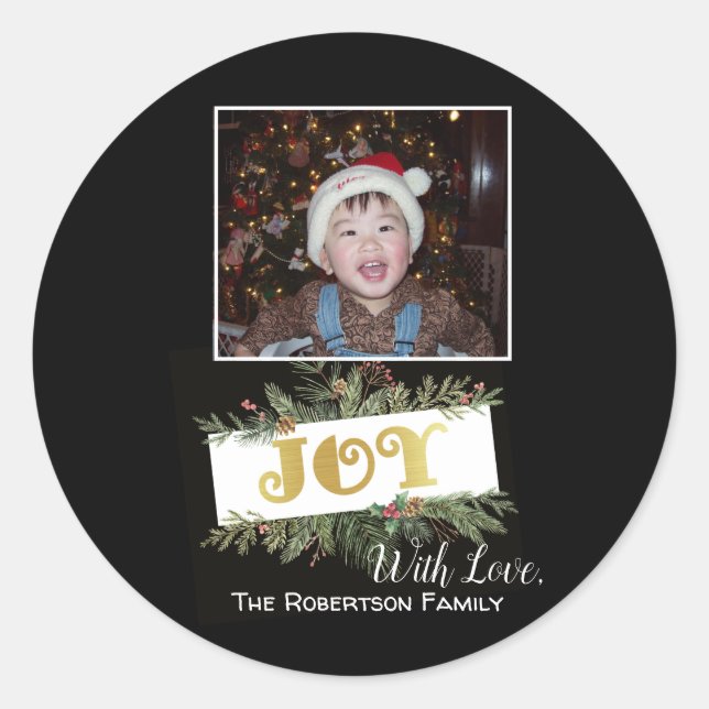 Gold Foil JOY Modern Holiday PHOTO Classic Round Sticker (Front)