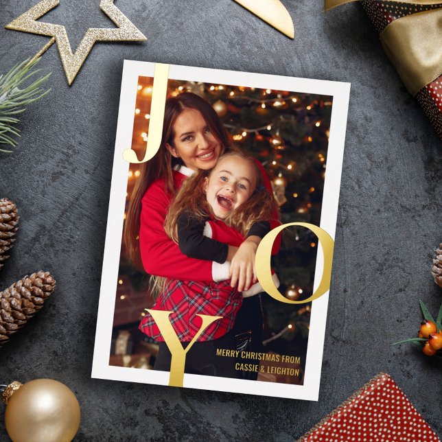 Gold Foil Joy Typography Merry Christmas Photo Foil Holiday Card (Creator Uploaded)