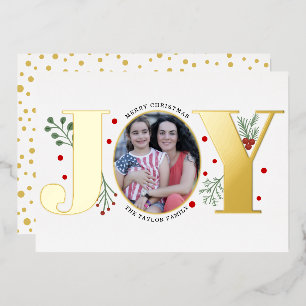 Gold foil Joy with berries Christmas photo Foil Holiday Card