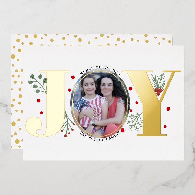 Gold foil Joy with berries Christmas photo Foil Holiday Card (Front/Back)