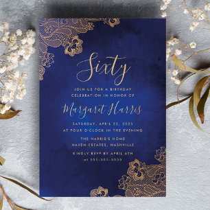 Gold Foil Lace Ornate Blue 60th Sixty Birthday Invitation
