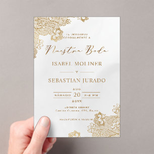 Gold Foil Lace Ornate Nuestra Boda Spanish Wedding Acrylic Invitations
