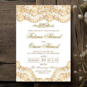 Gold Foil Lace Ornate White Islamic Muslim Invitation