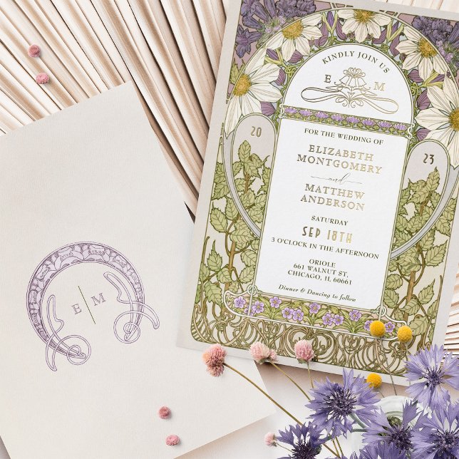 Gold Foil Lavender Daisies Wedding Art Nouveau (Creator Uploaded)