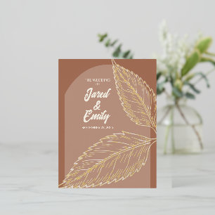 Gold Foil Leaves Mocha Wedding Invitation Postcard