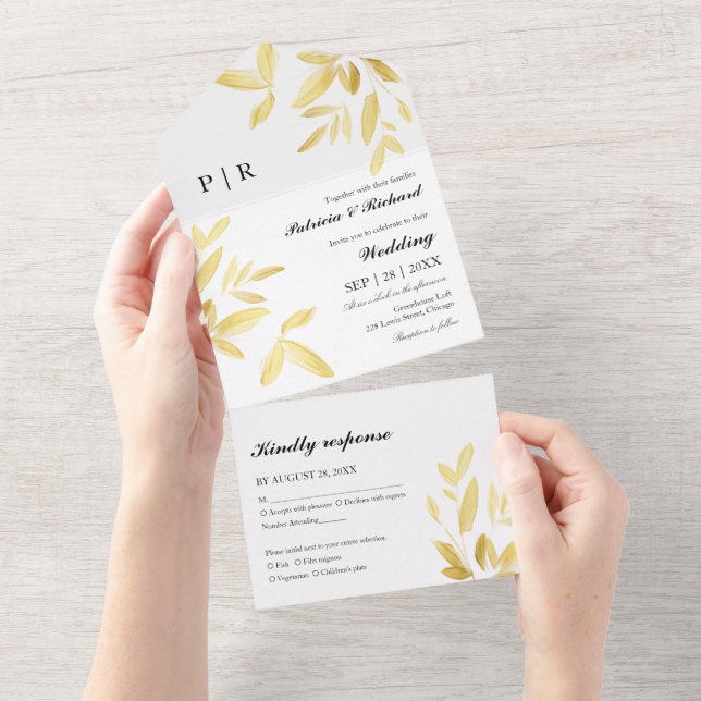 Gold Foil Leaves Monogram Elegant Wedding All In One Invitation (Tearaway)