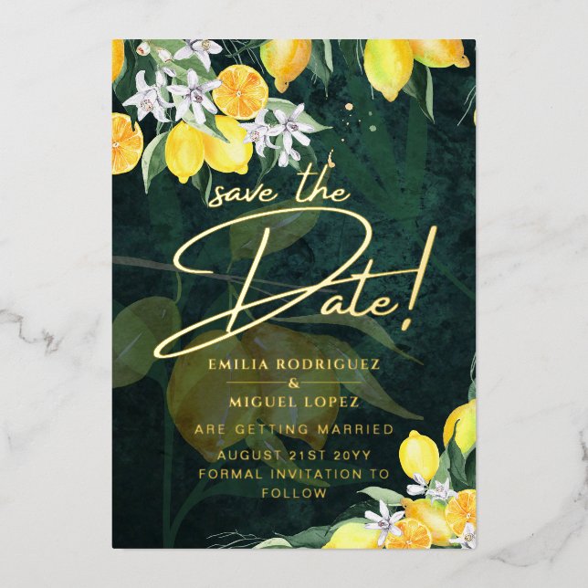Gold Foil Lemon Zest Wedding Save The Date QR Code (Front)