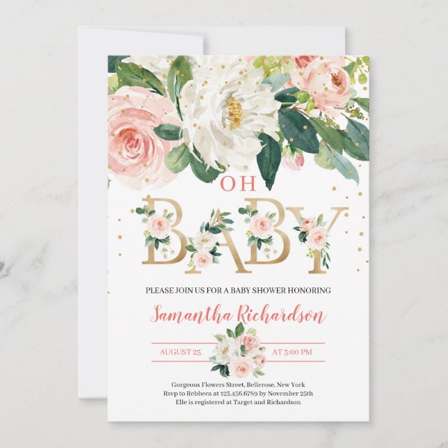 Gold Foil Letters Rustic Blush Pink Floral Baby Invitation (Front)