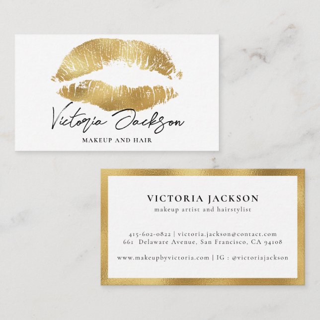 Gold Foil Lips Modern Makeup Artist White Elegant Business Card (Front/Back)