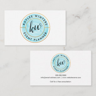 Gold Foil Look and Blue Watercolor Curved Text Business Card