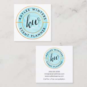 Gold Foil Look and Blue Watercolor Curved Text Square Business Card